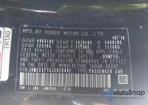 2018 Honda Clarity Plug-In Hybrid из США, поврежденный, VIN JHMZC5F15JC020982